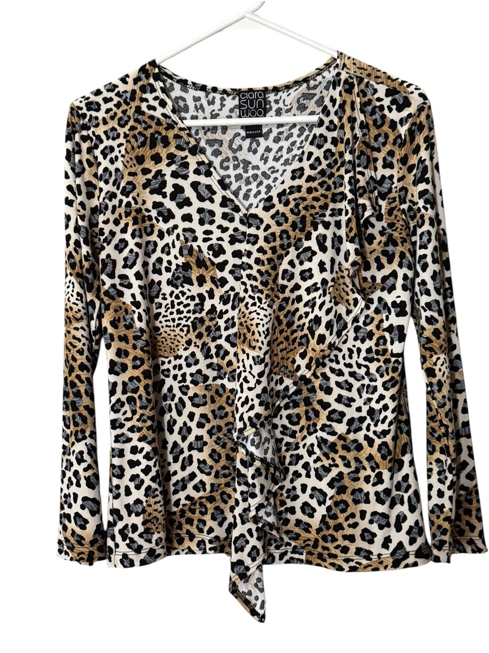 Clara Sun Woo Leopard Blouse Women Size XL V Neck Stretch 3/4 Sleeve Ruffles